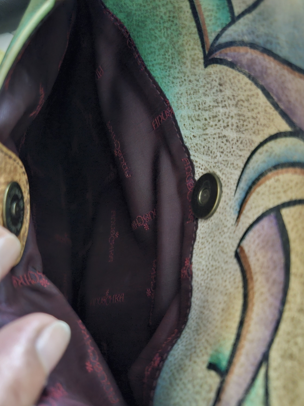 Anuschka Hand-Painted Peacock Feather Leather Crossbody in Teal, Blue, Purple - Picture 4 of 13